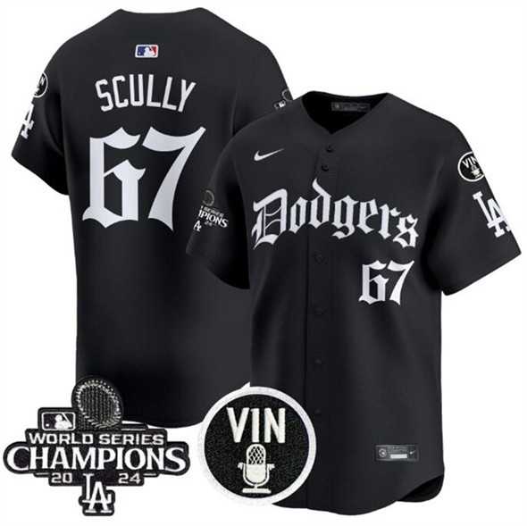 Mens Los Angeles Dodgers #67 Vin Scully Black Mexico 2025 LA Gothic Style With Vin And 2024 World Series Champions Patch Vapor Premier Limited Stitched Jersey Dzhi